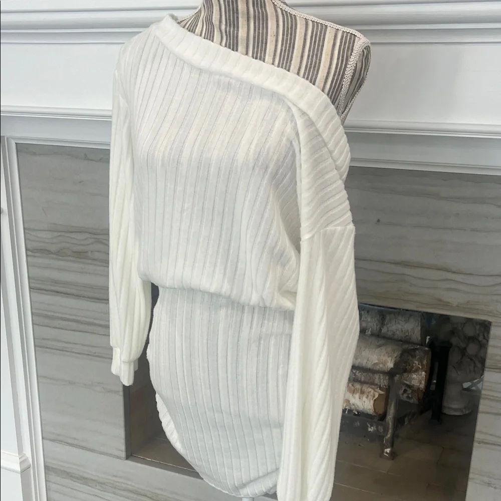 White Ribbed Off-Shoulder Dress - Picture 2 of 6